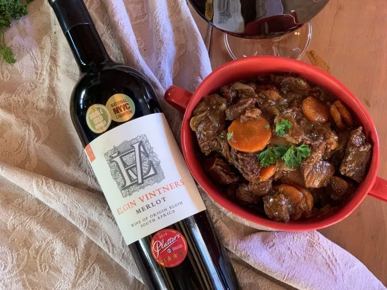 April Recipe of the Month: illustrated by a bottle of Merlot & Boeuf Bourguignon