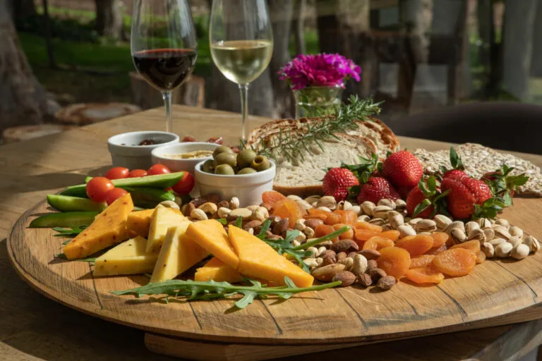 experiences at Elgin Valley depicted by a range of appetizers and wine glasses